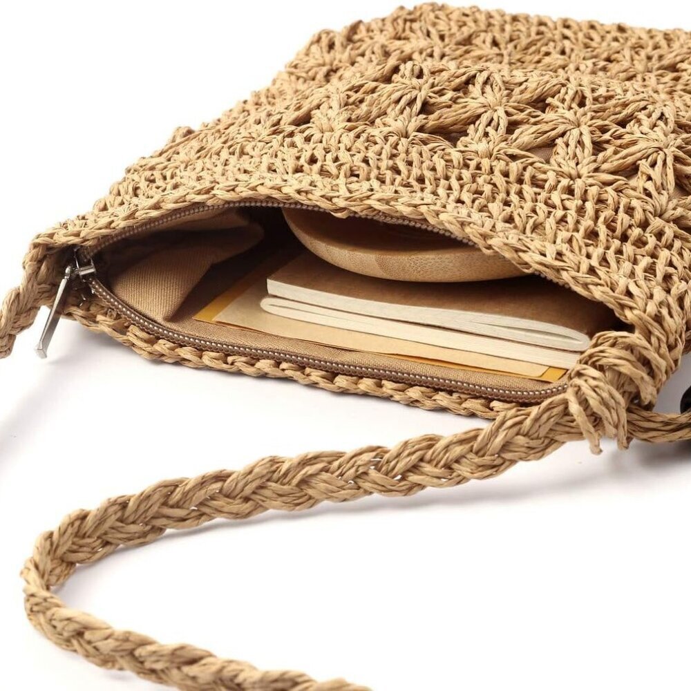 Women Straw Crossbody Purse Beach Handmade Woven Shoulder Bag with Tassels - Picture 4 of 7
